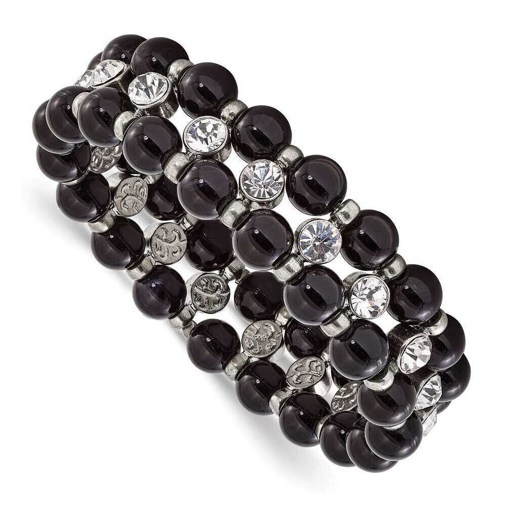 1928 Silver-tone and Black Beads with Clear Glass Stones Stretch Bracelet